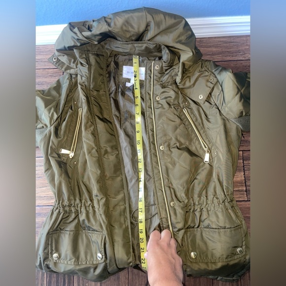 Olive puffer jacket trench coat jacket zip up cargo - Picture 5 of 10